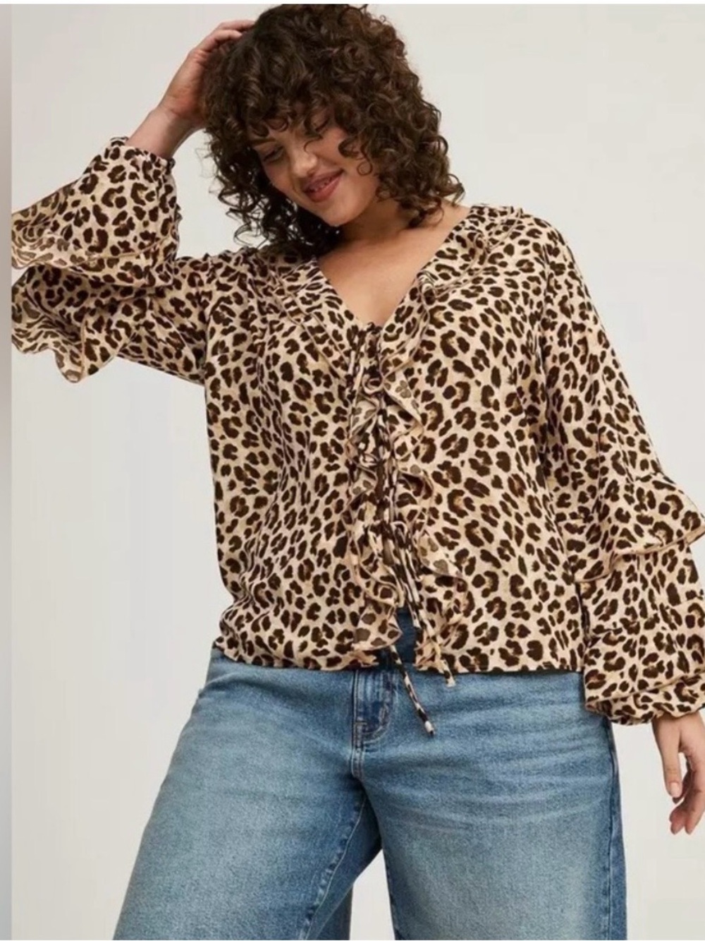 Leopard Ruffle Tie-Front Blouse - Beige/Brown - Picture 2 of 5